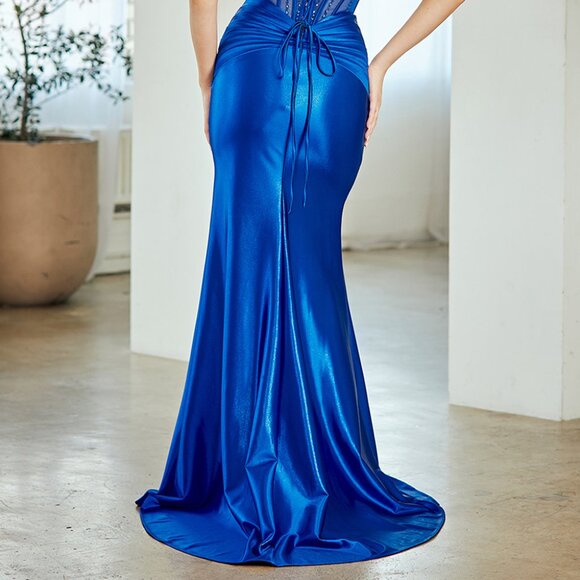 New Sleeveless Mermaid Gown w/ Rhinestones Embroidery & Pleated Details AC 9081 - Picture 7 of 10